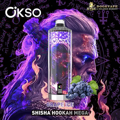 Promotional Image For Okso Grape Ice Shisha Hookah Mega Vape Featuring A Stylized Vape Device Surrounded By Purple Flames And Abstract Mystical Symbols, With Blueberries And Product Branding.