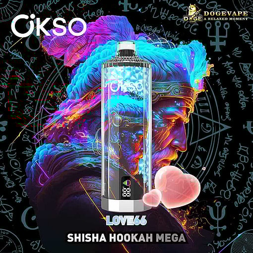A Vibrant, Futuristic Hookah Device Labeled &Quot;Okso&Quot; With Colorful Smoke And Abstract Neon Artwork In The Background, Promoting The Love66 Flavor From Dogevape.