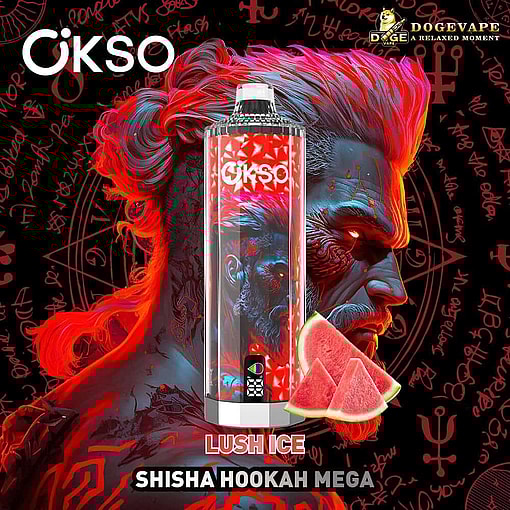 Promotional Image For Okso Lush Ice Shisha Hookah Mega Vape, Featuring A Stylized Red And Blue-Haired Figure With Occult-Themed Symbols And Text In The Background, And A Vape Device Displayed Prominently In The Foreground.