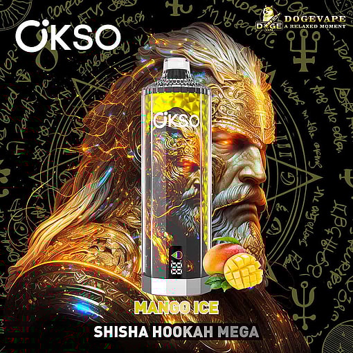 Poster For Okso Mango Ice Shisha Hookah Mega Featuring A Golden, Swirling, Metallic Illustration And Mystical Symbols In The Background, With Prominent Branding And Product Name.