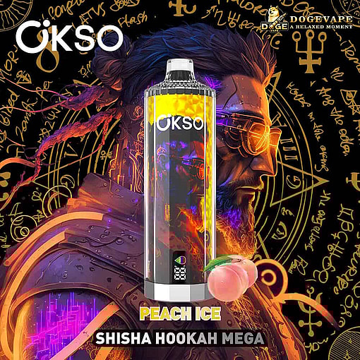 Promotional Image For Okso Peach Ice Shisha Hookah Mega Vape, Featuring A Futuristic Illustration Of A Man With Glasses And A Peach Beside The Vape Device Against A Background Of Glowing Symbols And Handwritten Text.