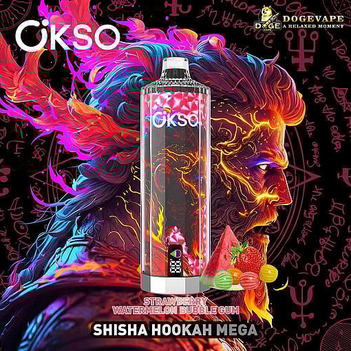 Colorful Okso Vape Device With Strawberry, Watermelon, And Bubble Gum Flavors In Front Of An Illustrated Fiery-Haired Figure And Abstract Symbols, With &Quot;Shisha Hookah Mega&Quot; Text At The Bottom.