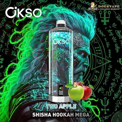 Colorful Okso Shisha Vape Device With Glowing Aqua And Green Patterns, An Apple (Green And Red) At The Base, And Decorative Arcane Symbols And Neon Writing In The Background.