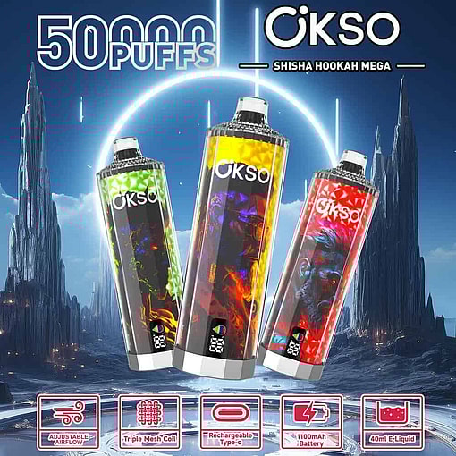 Advertising Graphic For Okso Shisha Hookah Mega 50000 Disposable Vapes Showing Three Colorful Vape Devices Against A Futuristic Landscape, Highlighting Features Such As 50,000 Puffs, Adjustable Airflow, Triple Mesh Coil, Rechargeable Type-C Port, 1100Mah Battery, And 40Ml E-Liquid Capacity.