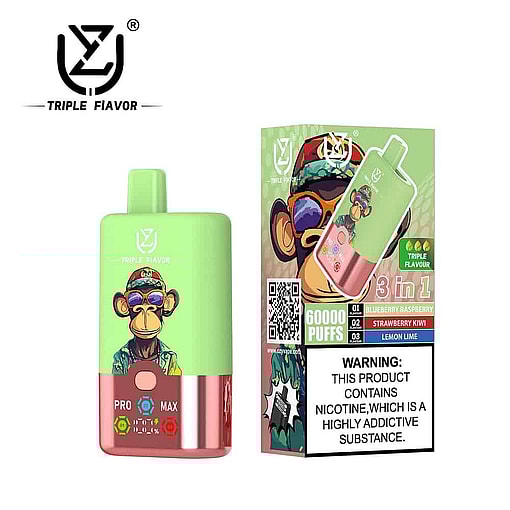 Triple Fiavor Disposable Vape Device And Packaging Featuring A Cartoon Monkey With Sunglasses And A Hat, Labeled With Flavors (Blueberry Raspberry, Strawberry Kiwi, Lemon Lime), And A Nicotine Addiction Warning.
