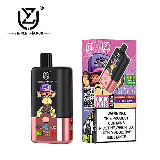 Triple Flavour Disposable Vape Device With A Cartoon Monkey Wearing Sunglasses And A Hat, Shown Next To Its Colorful Packaging Displaying Flavors, A 60000 Puffs Label, And A Nicotine Addiction Warning.