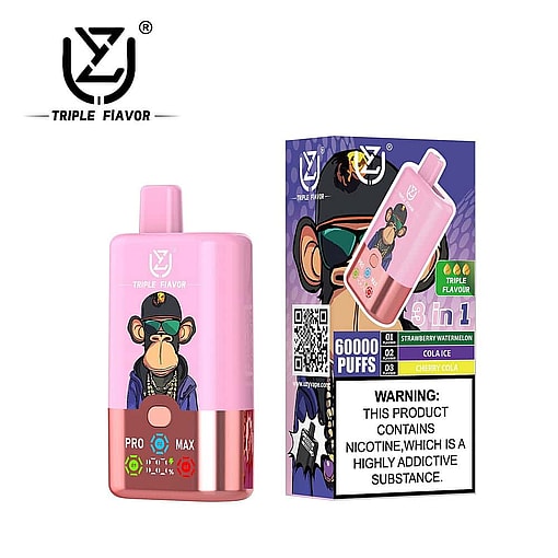 Pink Triple Flavor Vape Device With A Cartoon Monkey Wearing Sunglasses And A Hat, Next To Its Packaging That Displays The Same Design, Flavor Options, And A Nicotine Warning Label.