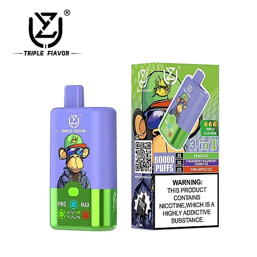 Triple Flavour Disposable Vape Device And Packaging Featuring A Cartoon Monkey In Sunglasses And Hat, With Labeled Flavors And A Nicotine Warning.