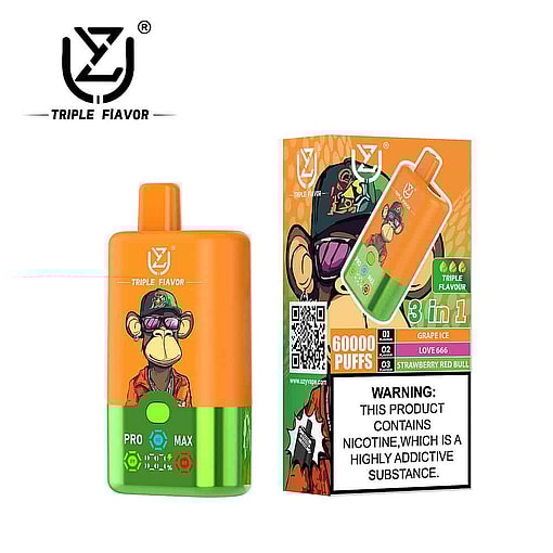 Disposable Vape Device And Packaging Featuring A Cartoon Monkey With Sunglasses And A Cap, Bright Orange And Green Colors, The Brand 'Triple Flavour,' Flavor Options Listed, And A Nicotine Addiction Warning Label.