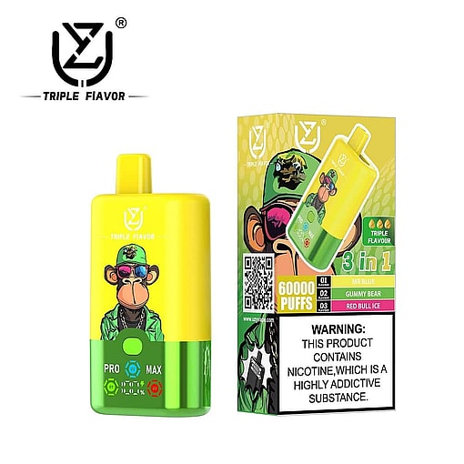Triple Flavour Disposable Vape Device And Packaging Featuring A Cartoon Monkey In Sunglasses And A Tropical Shirt, With Prominent Label Stating 60000 Puffs, Flavors Listed As Mr Blue, Gummy Bear, And Red Bull Ice, And A Nicotine Addiction Warning.