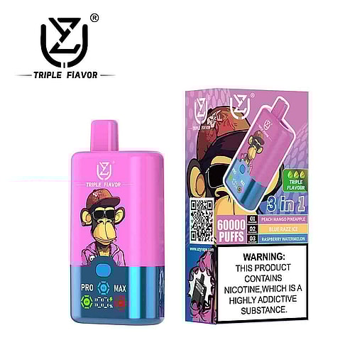 Colorful Triple Flavor Vape Device Featuring A Cartoon Monkey With Sunglasses, Shown Beside Its Packaging, Which Lists Flavors And A Nicotine Addiction Warning.