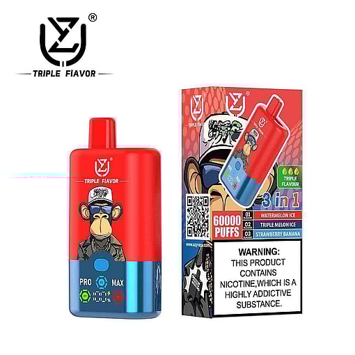 Triple Flavor Disposable Vape With A Cartoon Monkey Wearing Sunglasses And A Hat On The Device And Packaging, Offering 60,000 Puffs And Three Flavors: Watermelon Ice, Triple Melon Ice, And Strawberry Banana, With A Nicotine Warning Label.