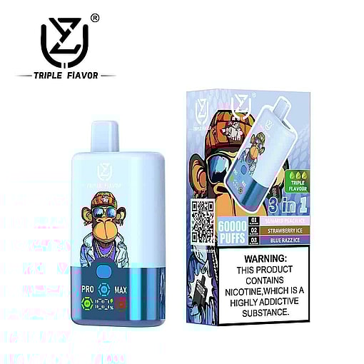 Triple Flavour Vape Device And Packaging Featuring A Cartoon Monkey In Sunglasses And A Red Hat, With Product Highlights Including 3-In-1 Flavors, 60000 Puffs, And A Nicotine Warning Label.