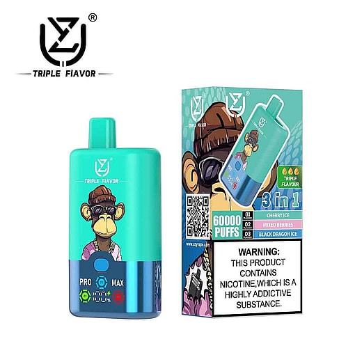 Disposable Vape Device And Packaging With A Cartoon Monkey Wearing Sunglasses And A Beanie, Labeled 'Triple Flavor' And '3 In 1', Offering 60,000 Puffs And Flavors Like Cherry Ice, Mixed Berries, And Black Dragon Ice, With A Nicotine Addiction Warning.