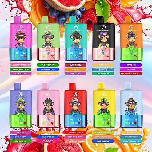 Colorful Assortment Of Eleven Triple Flavor Disposable Vapes With Cartoon Monkey Graphics, Each Labeled With Vibrant Fruit Or Soda-Based Flavors, Displayed Against A Fruity, Splash-Filled Background.