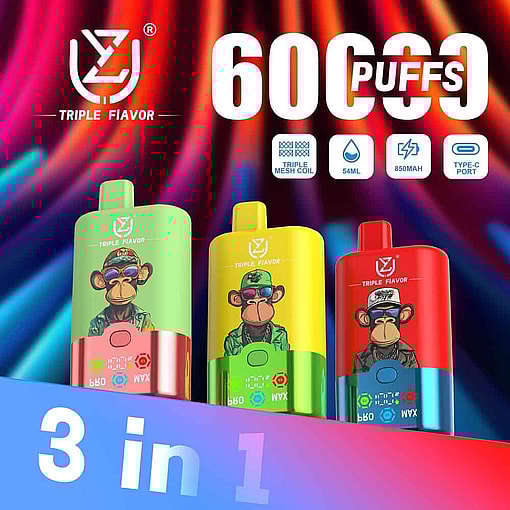 Three Colorful Disposable Vape Devices With Cartoon Monkey Illustrations, Labeled 'Triple Flavor' And Featuring 6000 Puffs, Triple Mesh Coil, 54Ml Capacity, 850Mah Battery, And Type-C Port, Set Against A Vibrant, Swirling Background With Promotional Text '3 In 1.' Uzy Triple Flavor 60000 Puffs