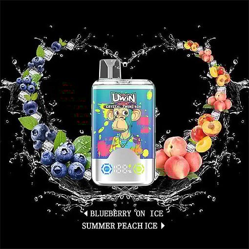 Uwin Crystal Twins Vape Device With Colorful Monkey Artwork In The Center, Surrounded By A Heart Shape Made Of Blueberries, Peaches, Ice Cubes, And Splashing Water, With Text Indicating Blueberry On Ice And Summer Peach Ice Flavors.