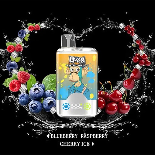 Uwin Crystal Twins 40K Vape Device Featuring Cartoon Ape Artwork, Surrounded By Splashes Of Water, Blueberries, Raspberries, Cherries, Ice Cubes, And Labeled Flavors Blueberry, Raspberry, Cherry Ice.