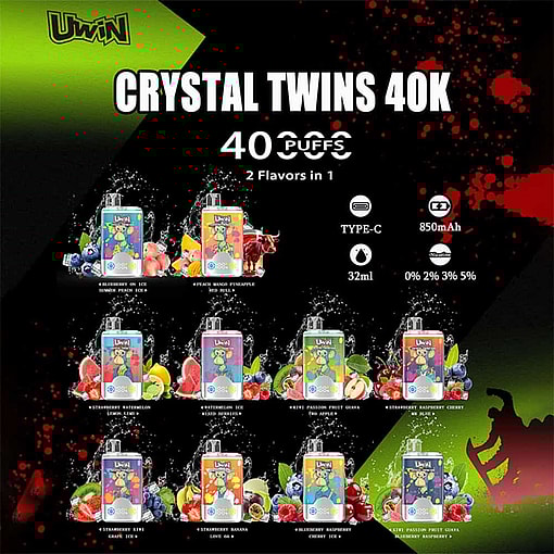 Advertisement For Uwin Crystal Twins 40K Disposable Vapes Showing Ten Different Flavor Varieties, Key Product Features Like 40,000 Puffs, Dual Flavors, 850Mah Battery, 32Ml Capacity, And Nicotine Strengths, With Vibrant Fruit Images And Product Branding.