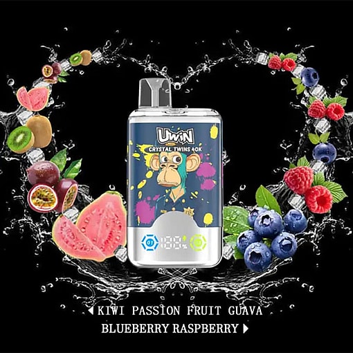 Uwin Vape Device With A Cartoon Monkey Design, Surrounded By Splashes Of Water, Guava, Kiwi, Passion Fruit, Blueberries, And Raspberries, And Featuring The Flavors Kiwi Passion Fruit Guava And Blueberry Raspberry.