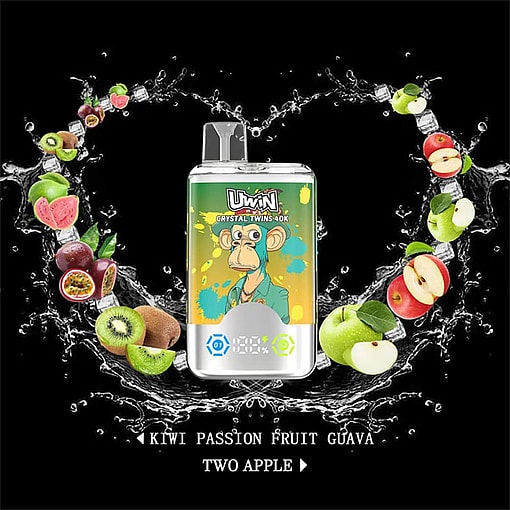 Vape Device With A Cartoon Monkey Design Labeled 'Uwin Crystal Twins 40K,' Surrounded By Splashes Of Water, Kiwi, Passion Fruit, Guava, And Apples, With The Flavor Names 'Kiwi Passion Fruit Guava' And 'Two Apple' Below.