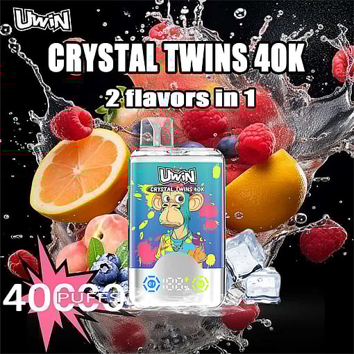 Uwin Crystal Twins 40K Vape Device With A Colorful Cartoon Monkey Illustration, Surrounded By Splashing Fruit, Ice Cubes, And Berries, Advertising 2 Flavors In 1 And 40,000 Puffs.uwin Crystal Twins 40000