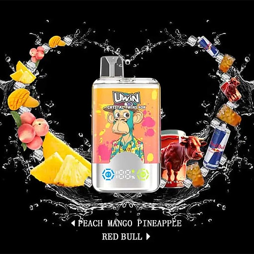 A Uwin Vape Device With A Cartoon Ape On The Label, Surrounded By Images Of Peach, Mango, Pineapple, Ice Cubes, And Red Bull Cans, Indicating The Flavor Combination Of Peach, Mango, Pineapple, And Red Bull.