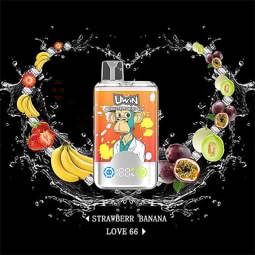 Uwin Crystal Twins 10K Vape Device With A Cartoon Monkey In A Lab Coat, Surrounded By Bananas, Strawberries, Melons, And Passion Fruits On A Black Background With Water Splashes Forming A Heart Shape.