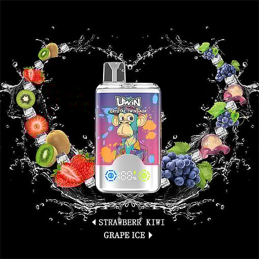 Colorful Vape Device With A Cartoon Monkey Design, Surrounded By Splashes Of Water, Strawberries, Kiwi, Grapes, And Ice Cubes, With Flavor Options Labeled As Strawberry Kiwi And Grape Ice.
