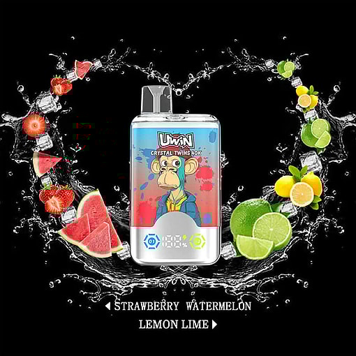 Uwin Crystal Twins 40K Vape Device With Cartoon Ape Design, Surrounded By Splashes Of Water, Strawberries, Watermelon, Lemons, Limes, And Ice Cubes, Highlighting Strawberry Watermelon And Lemon Lime Flavors On A Black Background.