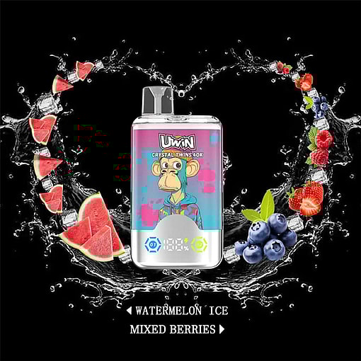 Uwin Crystal Twins 40K Vape Device With A Cartoon Monkey On The Label, Surrounded By Splashes Of Water, Watermelon Slices, Ice Cubes, And Assorted Berries; Text Reads 'Watermelon Ice Mixed Berries.'