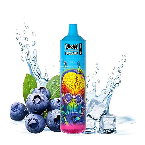 Colorful Vape Device With Cartoon Brain And Gas Mask Design, Surrounded By Fresh Blueberries, Ice Cubes, Green Leaves, And Splashing Water On A White Background.