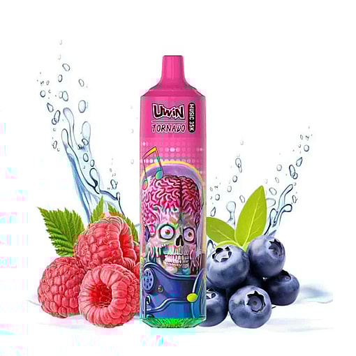 A Pink Disposable Vape Labeled 'Uwin Tornado' With A Colorful Skull Design, Surrounded By Raspberries, Blueberries, Green Leaves, And Splashing Water On A White Background.