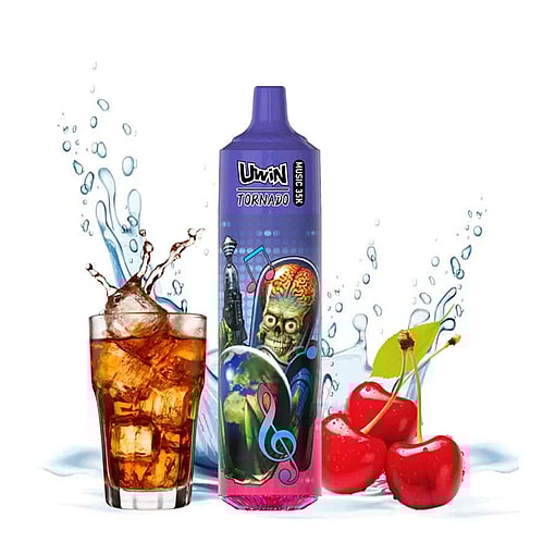 A Colorful Vape Device With A Cartoon Alien And Musical Notes, Next To A Glass Of Cola With Ice And Two Cherries, With Water Splashes In The Background.