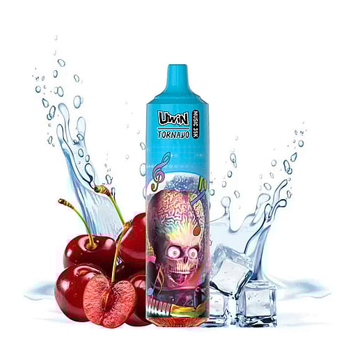Blue Uwin Tornado Disposable Vape With A Colorful Skull Design, Positioned In Front Of Fresh Cherries, Ice Cubes, And A Splash Of Water.