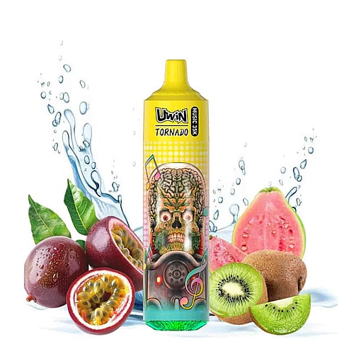 Colorful Disposable Vape Labeled 'Uwin Tornado' With A Graphic Of A Green-Brained Zombie Face, Surrounded By Splashing Water, Passion Fruit, Guava, And Kiwi Fruits.