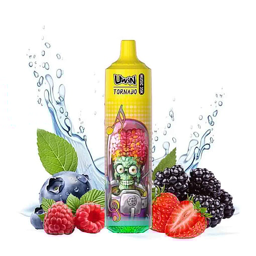 Colorful Disposable Vape Device Labeled 'Uwin Tornado' With A Cartoon Alien Character, Surrounded By Splashes Of Water And Assorted Berries Including Blueberries, Raspberries, Strawberries, And Blackberries.