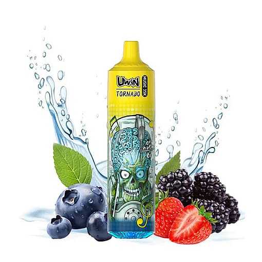 Colorful Uwin Tornado Vape Device With A Cartoon Mad Scientist Illustration, Surrounded By Splashing Water, Blueberries, Blackberries, And Strawberries.