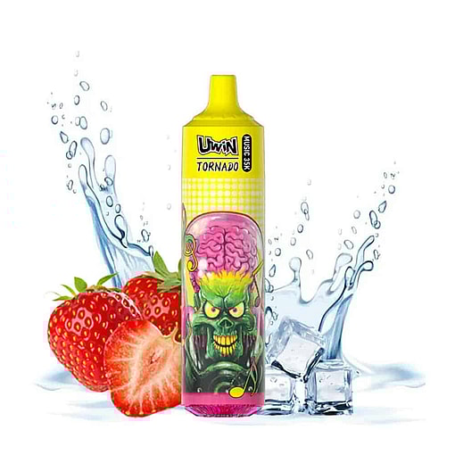 Colorful Disposable Vape Device With A Cartoon Monster Design And The Label 'Uwin Tornado', Positioned In Front Of Strawberries, Ice Cubes, And Splashing Water On A White Background.