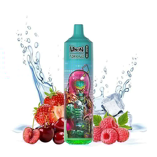 Colorful Vape Device With Alien Illustration, Surrounded By Strawberries, Cherries, Raspberries, Splashing Water, And Ice Cubes.
