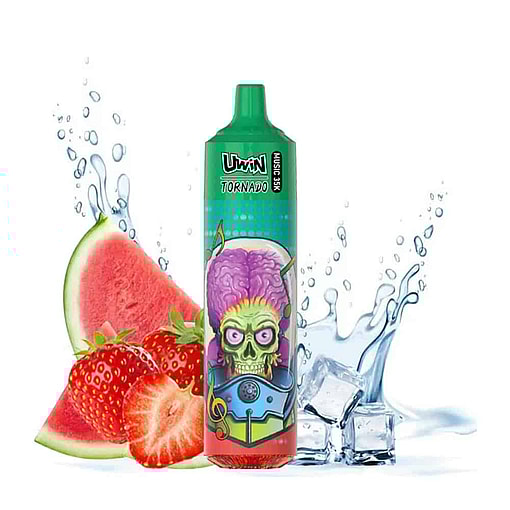 Colorful Vape Device With A Cartoon Alien Skull Design, Surrounded By Watermelon Slices, Strawberries, Ice Cubes, And Water Splashes.