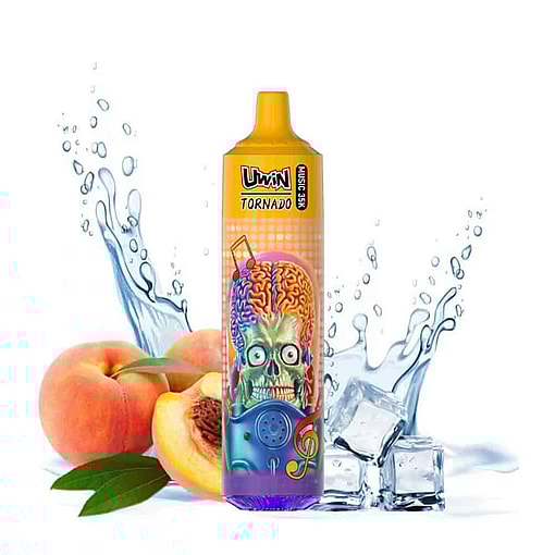 Colorful Uwin Tornado Vape Device With A Cartoon Alien Skull Design, Peaches, Ice Cubes, And Water Splashes In The Background.