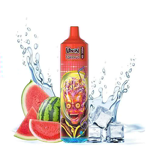 Red Disposable Vape Labeled 'Uwin Tornado' With Images Of A Colorful Brain, Musical Notes, And Surrounded By Watermelon Slices, Ice Cubes, And Splashing Water.