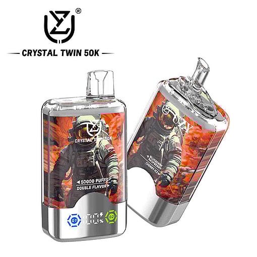 Crystal Twin 50K Disposable Vape Device Featuring An Astronaut Illustration On A Red And Orange Background, With Digital Display Icons And Product Information On The Front.