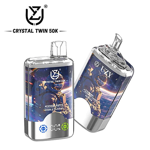 Two Crystal Twin 50K Vape Devices With A Futuristic Design Featuring An Astronaut Against A Colorful Cosmic Background, Brand Logo, And Digital Puff Counters On The Front.