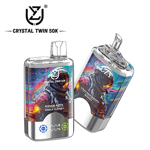 Two Crystal Twin 50K Vape Devices Featuring Colorful Artwork Of An Astronaut On The Front, With Product Branding, Flavor Information, And Digital Indicators Displayed On The Packaging.