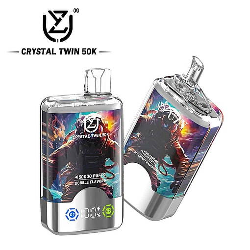 Two Crystal Twin 50K Disposable Vape Devices With Astronaut Artwork, Chrome Accents, And A Display Showing Flavor And Puff Count Information.