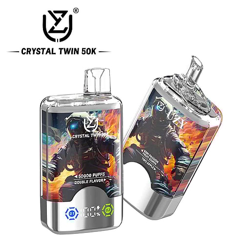 Two Crystal Twin 50K Disposable Vape Devices Featuring Colorful Astronaut Artwork And Digital Display, With Branding And Flavor Information On The Labels.