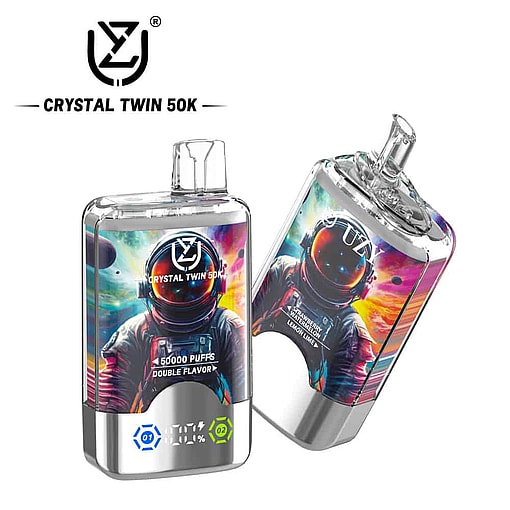 Two Crystal Twin 50K Vape Devices Featuring A Colorful Astronaut Graphic, With Product Branding And Digital Indicators On A White Background.