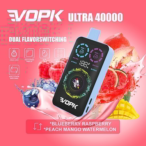 Promotional Image For The Vopk Ultra 40000 Vape Device With A Digital Screen, Featuring Dual Flavor Options: Blueberry Raspberry And Peach Mango Watermelon, Surrounded By Images Of These Fruits And Product Icons Highlighting Features Like Child Lock, Rgb Display, And Dual Flavor Switching.